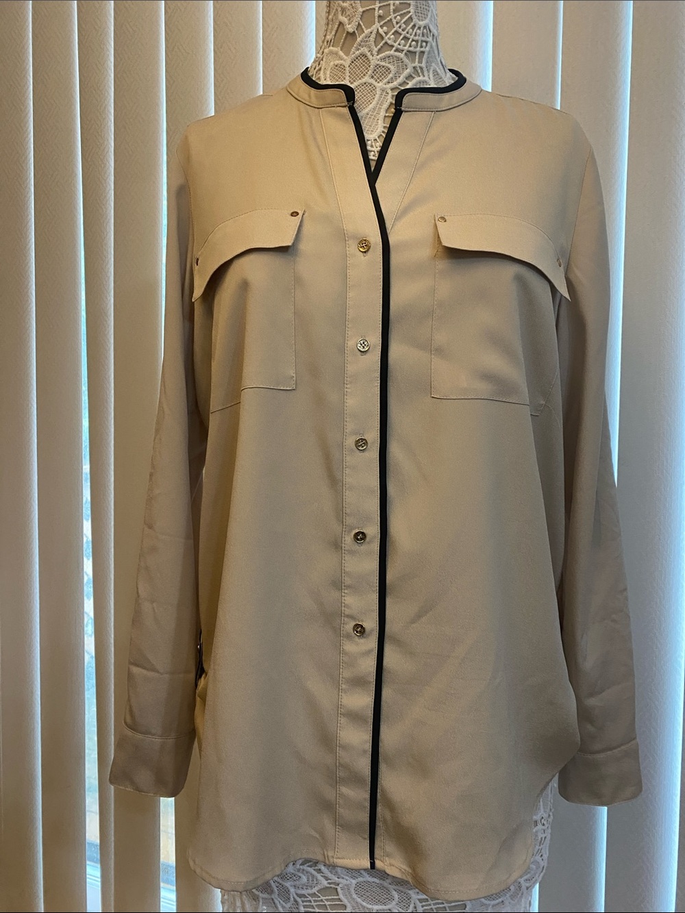 Calvin Klein Beige Blouse Jacket with Black Trim
